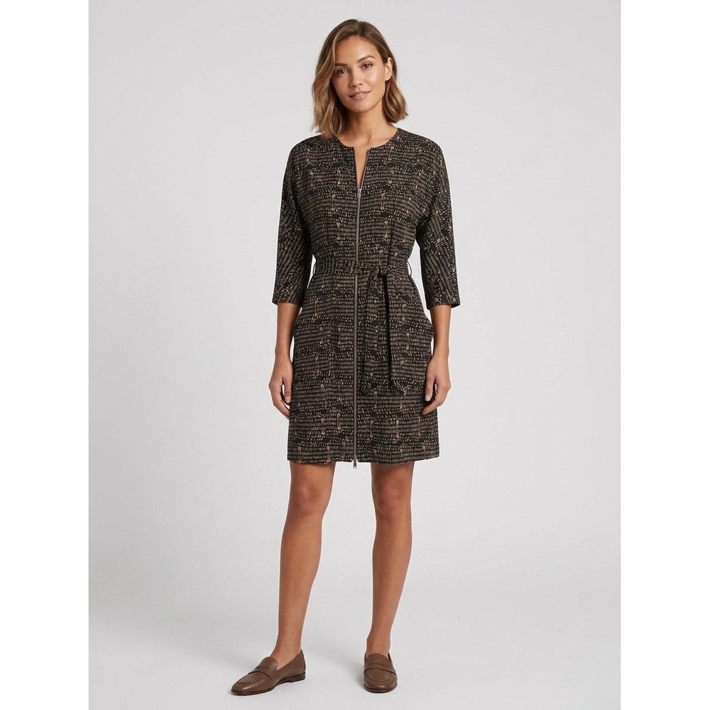 Theory Silk Morocco Print Zip Front Belted Sheath Dress Black Tan Size 4